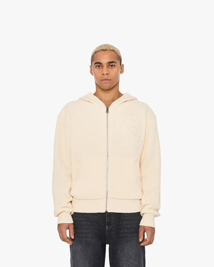 V-LOGO KNIT ZIP HOODIE BEIGE - VICINITY