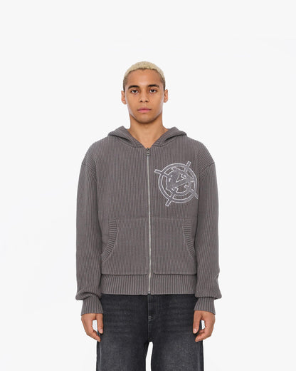 V-LOGO KNIT ZIP HOODIE ASH GREY - VICINITY