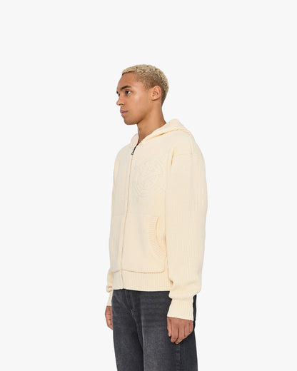 V-LOGO KNIT ZIP HOODIE BEIGE - VICINITY