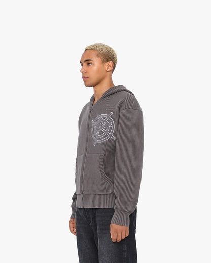 V-LOGO KNIT ZIP HOODIE ASH GREY - VICINITY