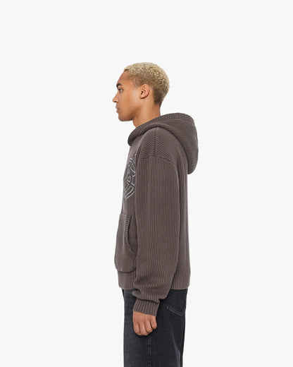 V-LOGO KNIT ZIP HOODIE MUD BROWN - VICINITY