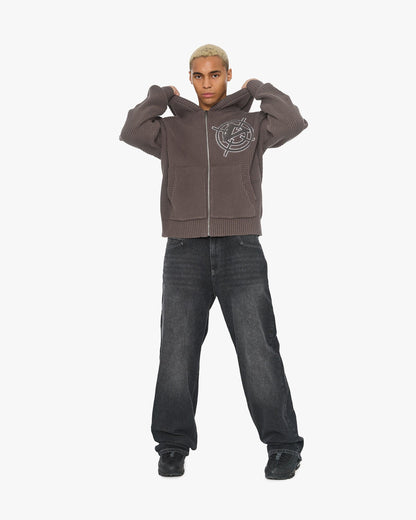 V-LOGO KNIT ZIP HOODIE MUD BROWN - VICINITY