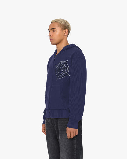 V-LOGO KNIT ZIP HOODIE NAVY