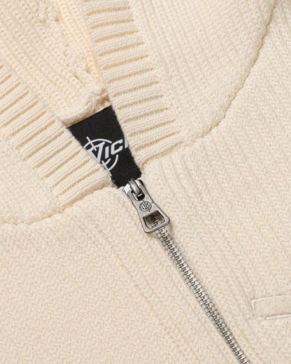 V-LOGO KNIT ZIP HOODIE BEIGE - VICINITY