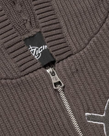 V-LOGO KNIT ZIP HOODIE MUD BROWN - VICINITY