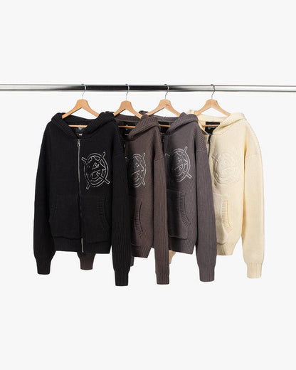 V-LOGO KNIT ZIP HOODIE MUD BROWN - VICINITY