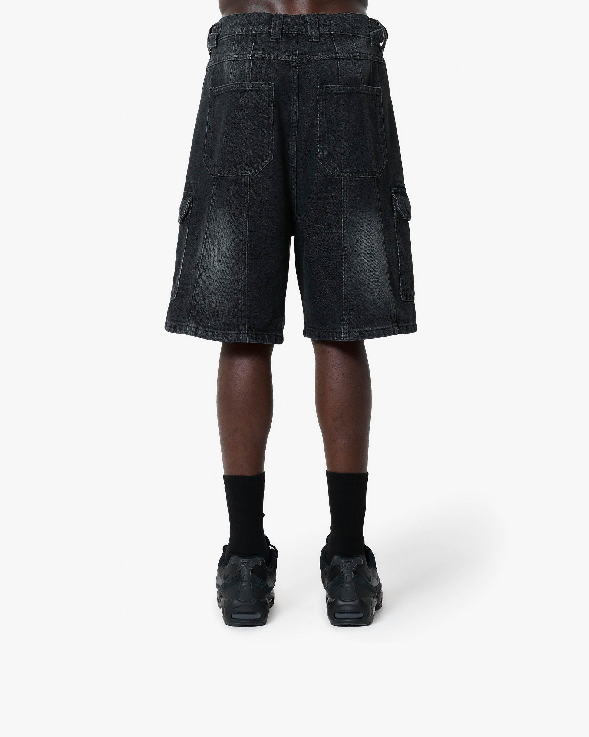 WASHED BLACK DENIM CARGO JORTS - VICINITY