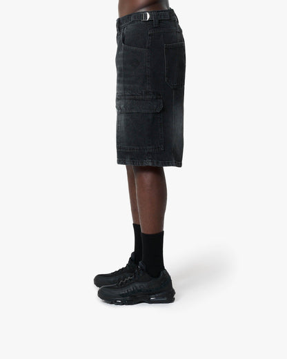 WASHED BLACK DENIM CARGO JORTS - VICINITY