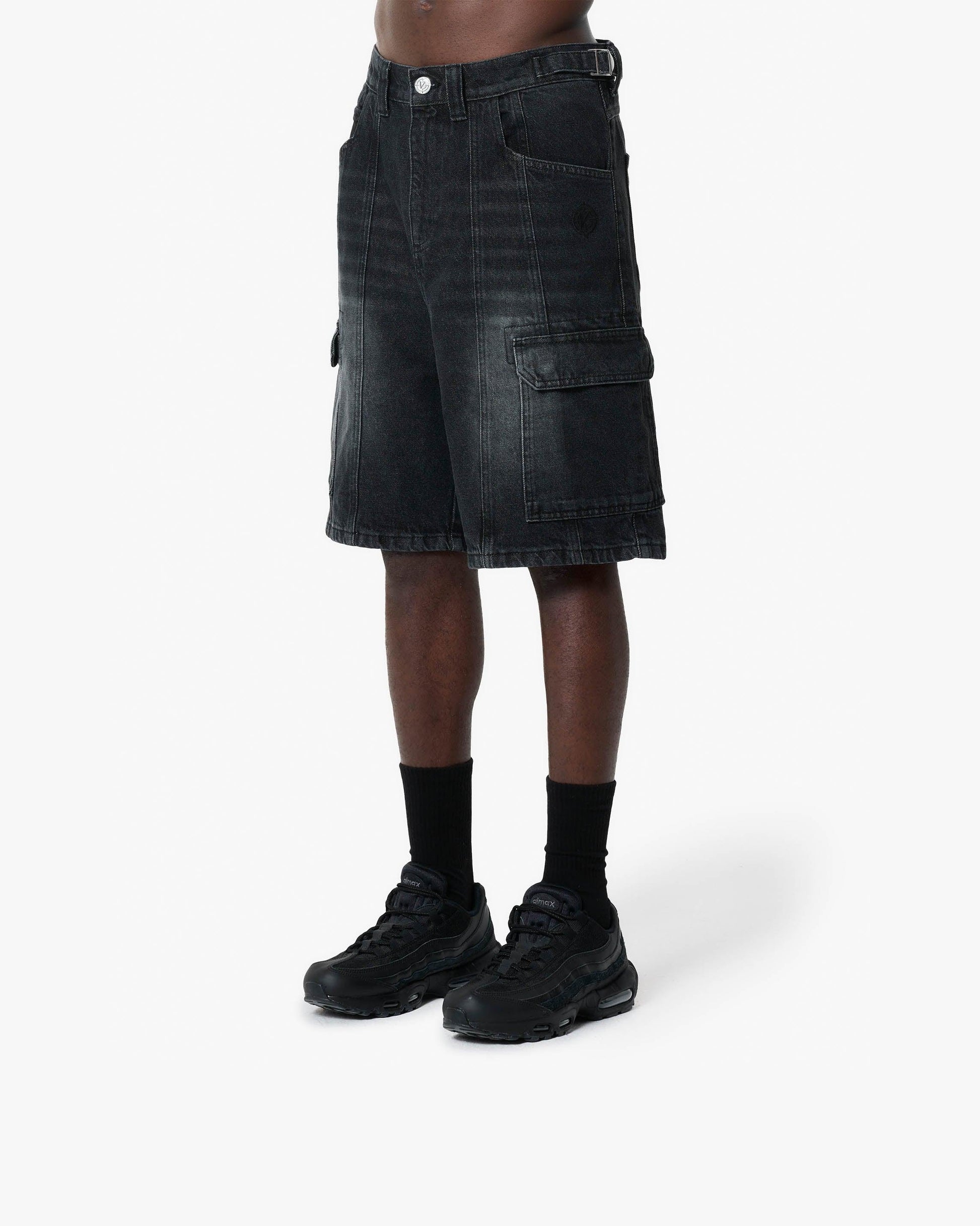 WASHED BLACK DENIM CARGO JORTS - VICINITY