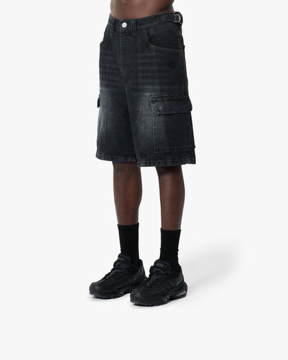 WASHED BLACK DENIM CARGO JORTS - VICINITY