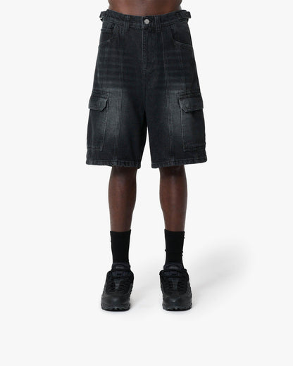 WASHED BLACK DENIM CARGO JORTS - VICINITY