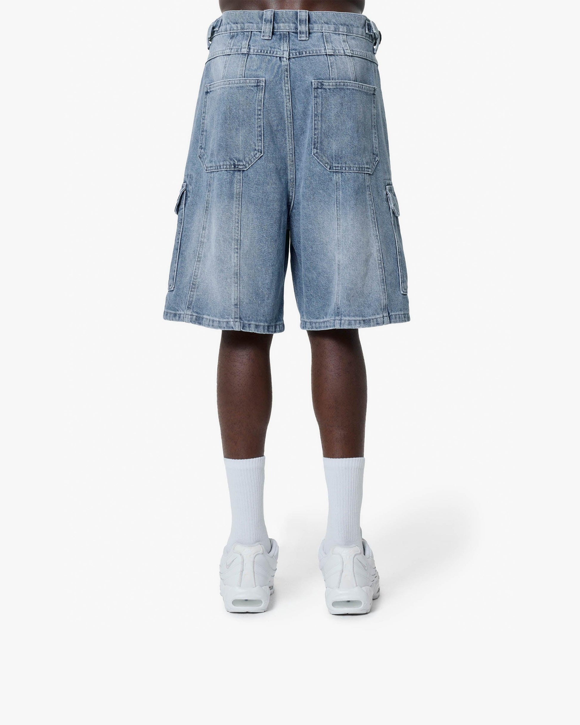 BLUE WASHED DENIM CARGO JORTS - VICINITY