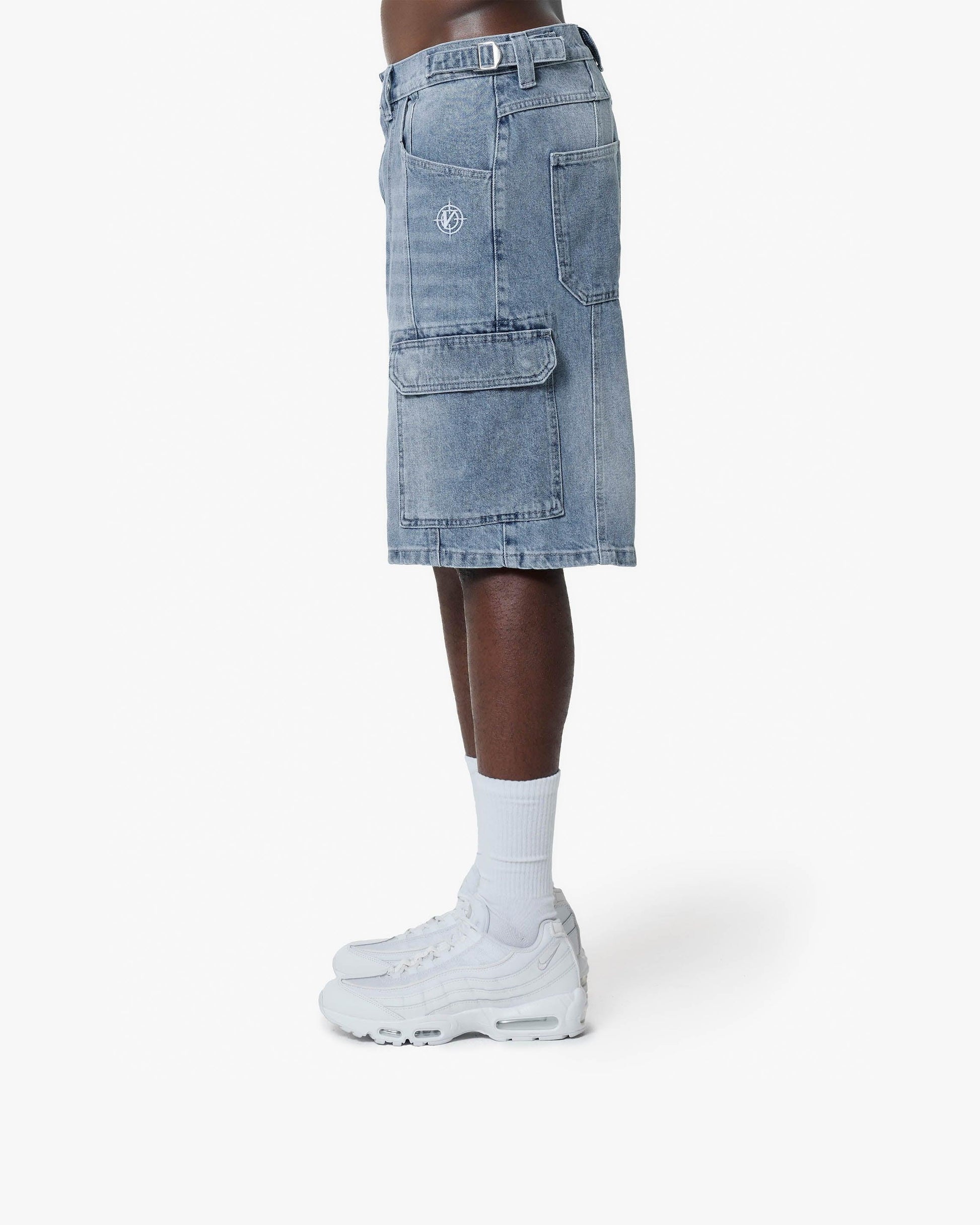 BLUE WASHED DENIM CARGO JORTS - VICINITY