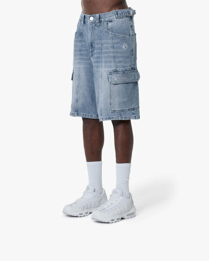 BLUE WASHED DENIM CARGO JORTS - VICINITY