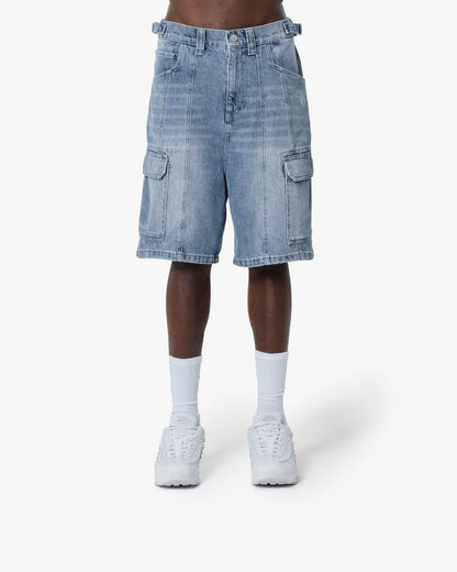 BLUE WASHED DENIM CARGO JORTS - VICINITY