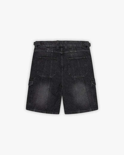 WASHED BLACK DENIM CARGO JORTS - VICINITY