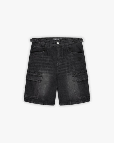 WASHED BLACK DENIM CARGO JORTS - VICINITY