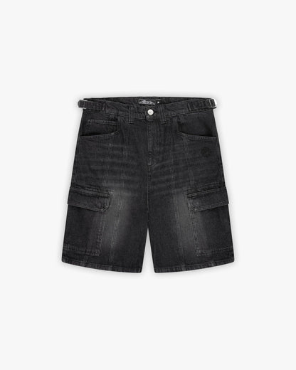 WASHED BLACK DENIM CARGO JORTS - VICINITY