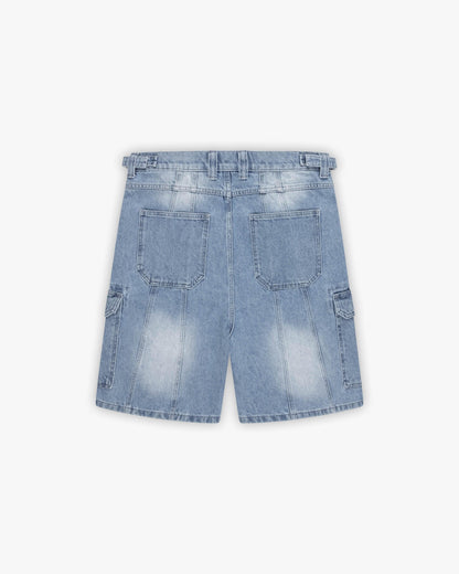 BLUE WASHED DENIM CARGO JORTS - VICINITY