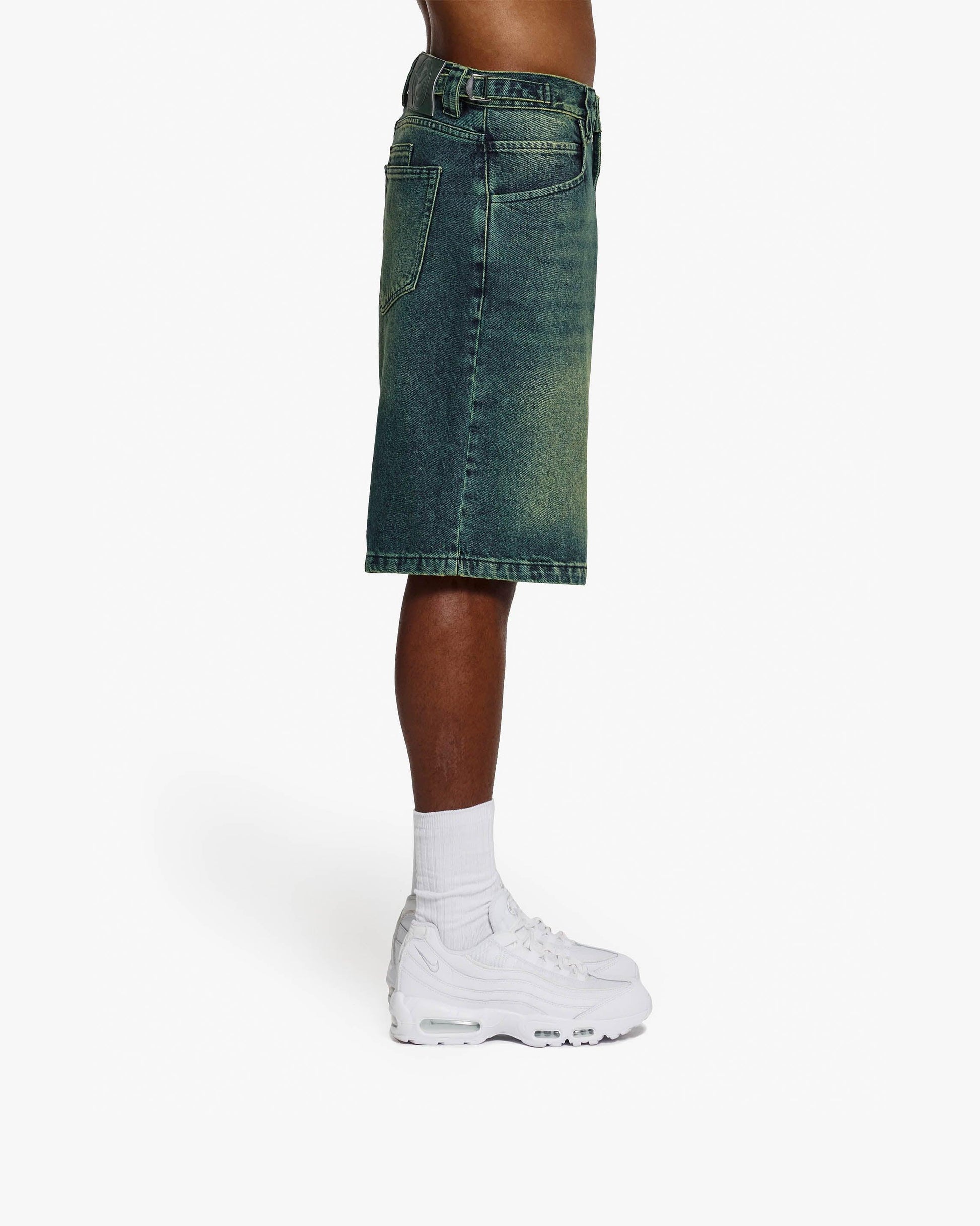 GREEN TINTED DENIM JORTS - VICINITY