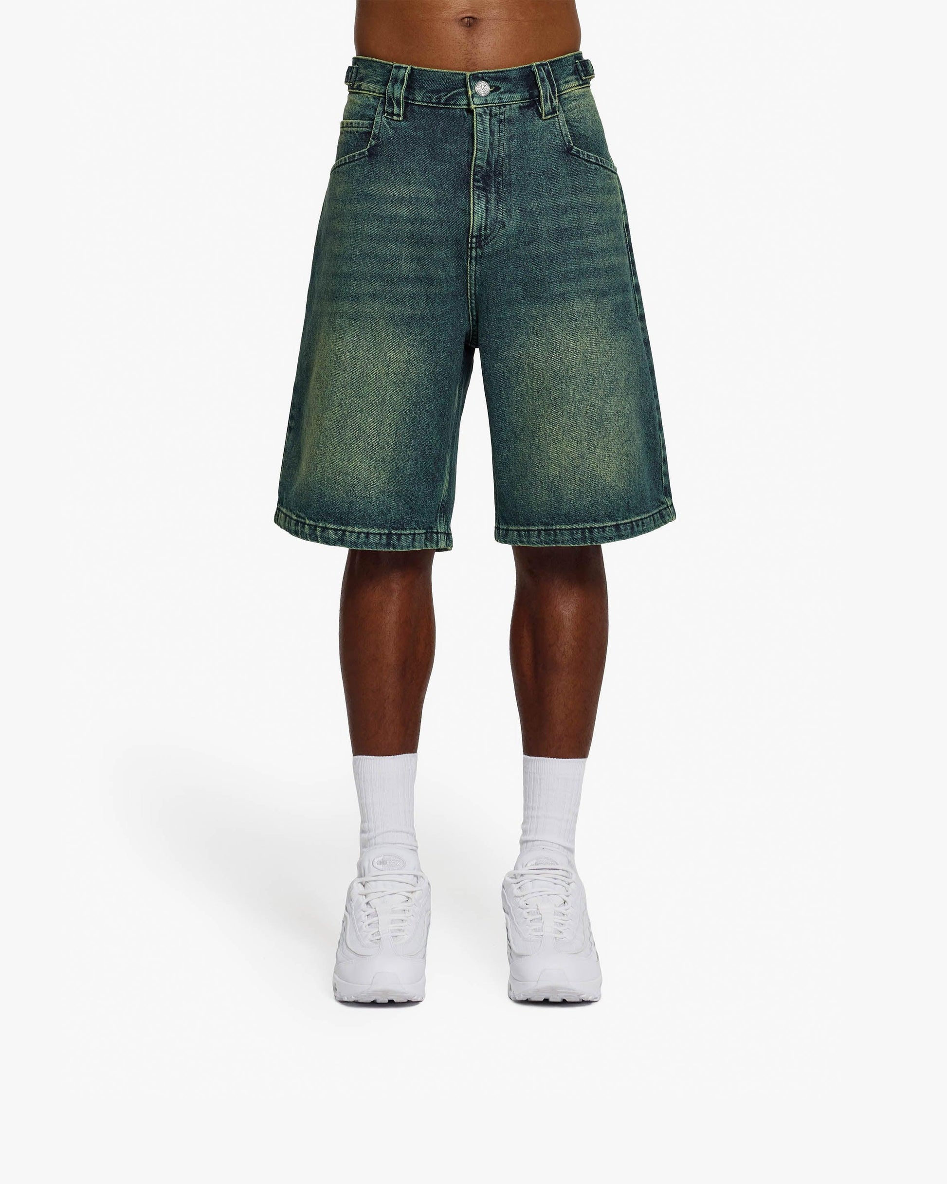 GREEN TINTED DENIM JORTS - VICINITY