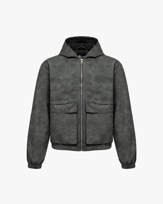 SCRIPT LOGO LEATHER JACKET GREY